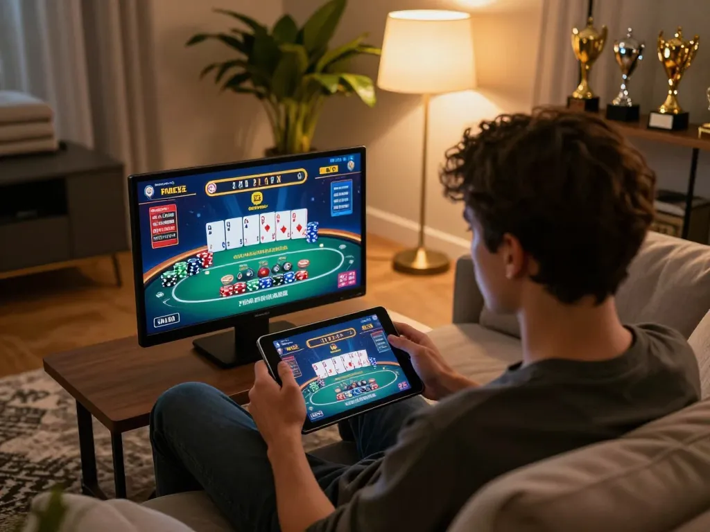 Engaging gaming session on cm88 com as a player utilizes a tablet for online casino games in a cozy living room.