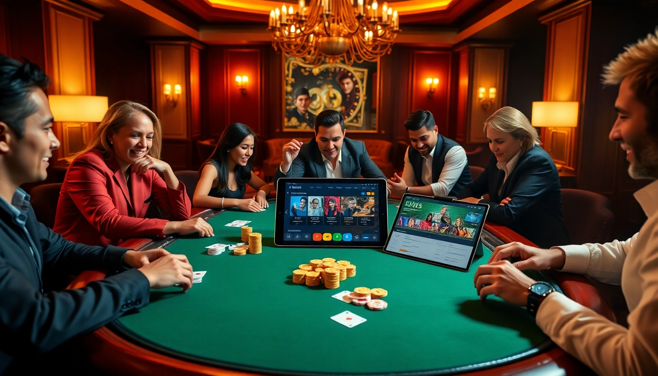 A diverse group of gamblers enjoying a high-stakes poker game at https://zbet.training/ in a luxurious casino setting.