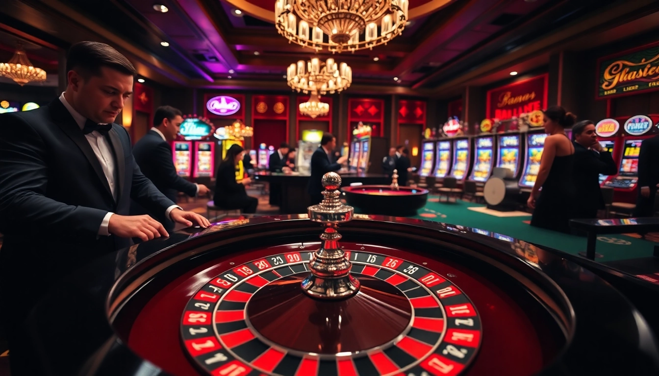 Experience mm88 link excitement with a vibrant casino scene featuring roulette, poker chips, and lively players.