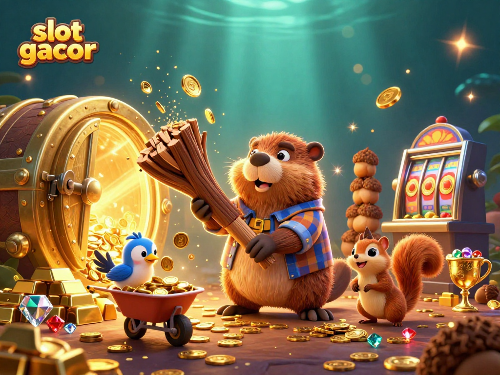 Engage with slot gacor visuals showcasing a beaver and friends amidst coins and slot reels.