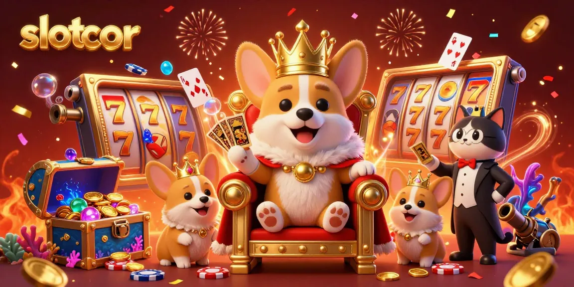 Experience the excitement of slot gacor with a vibrant 3D illustration featuring royal corgis amidst dynamic casino elements.