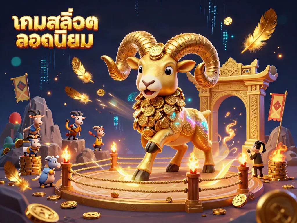 Experience the thrill of เกมสล็อตยอดนิยม with an electrifying 3D illustration depicting a golden ram charging through a casino gates.