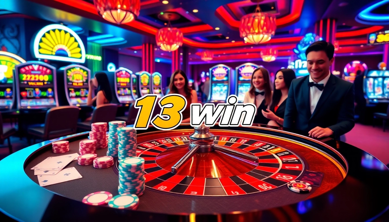 Players enjoy an exciting game at 13win's luxurious casino table, showcasing vibrant betting action.
