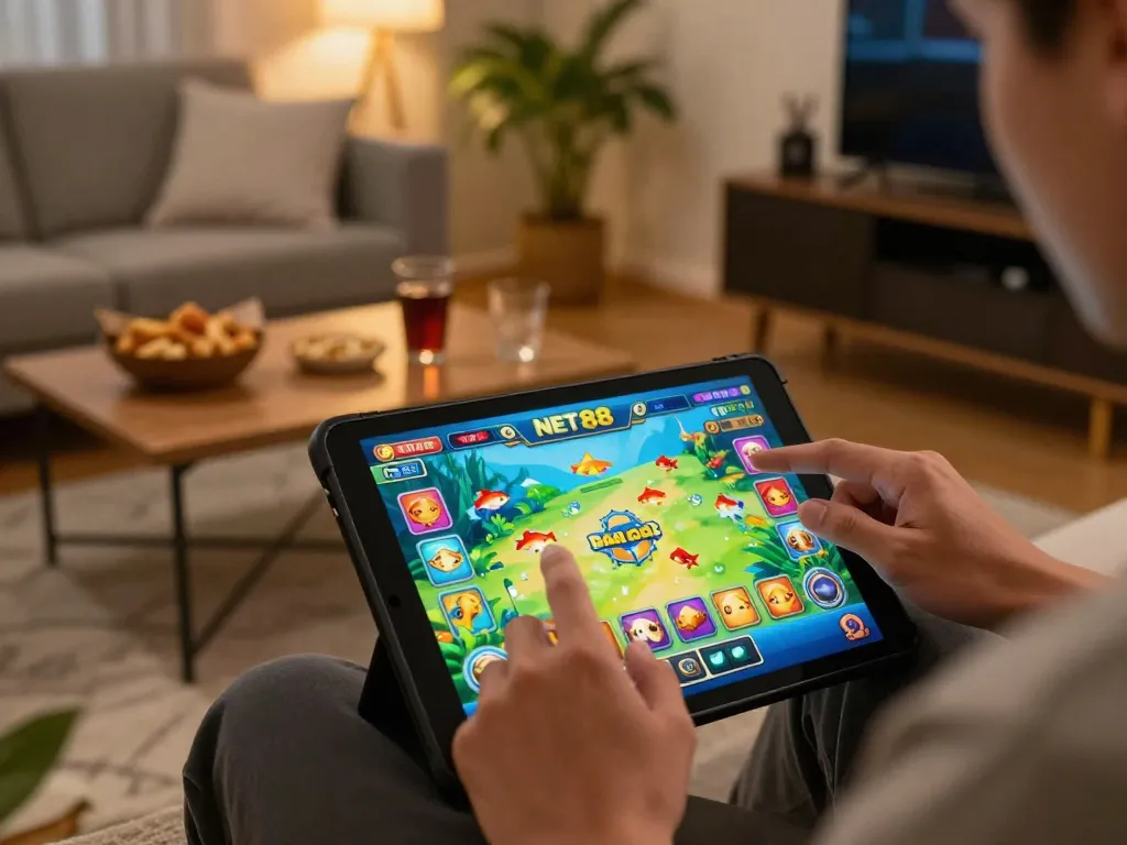 Bắn cá NET88 gameplay action displayed on a tablet, illustrating engaging online casino experience.
