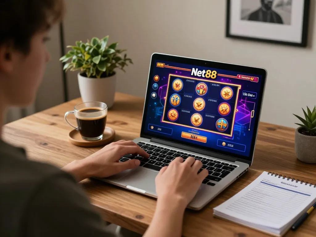 Person enjoying net88 gaming on a laptop in a cozy home office setup, highlighting strategic bankroll management.