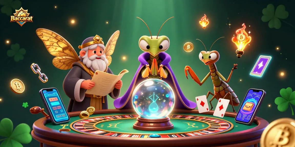 Baccarat table scene with mythical characters fortune teller and moth librarian illuminating digital art elements.