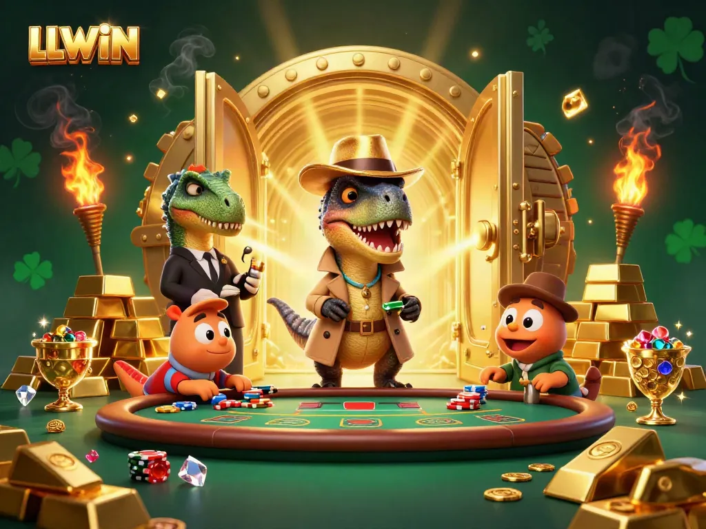 Engage with LLWIN's thrilling blackjack scene featuring a velociraptor card counter and a stegosaurus pit boss.