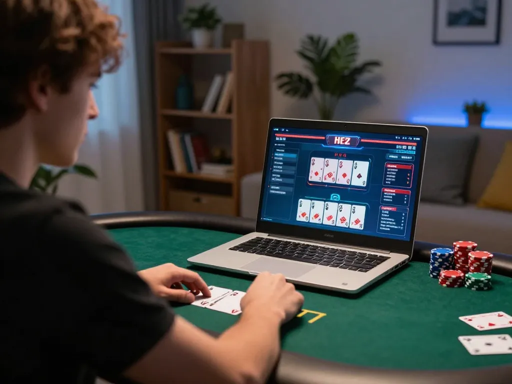 Engaged player mastering online poker strategies at home with Rik vip platform.