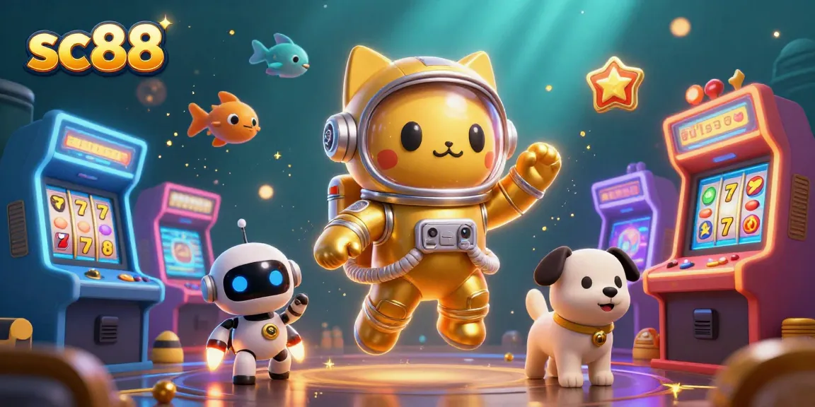 Immerse in thrilling action with sc88 as a 3D cartoon astronaut cat and robot dog navigate through vibrant casino-themed gaming elements.