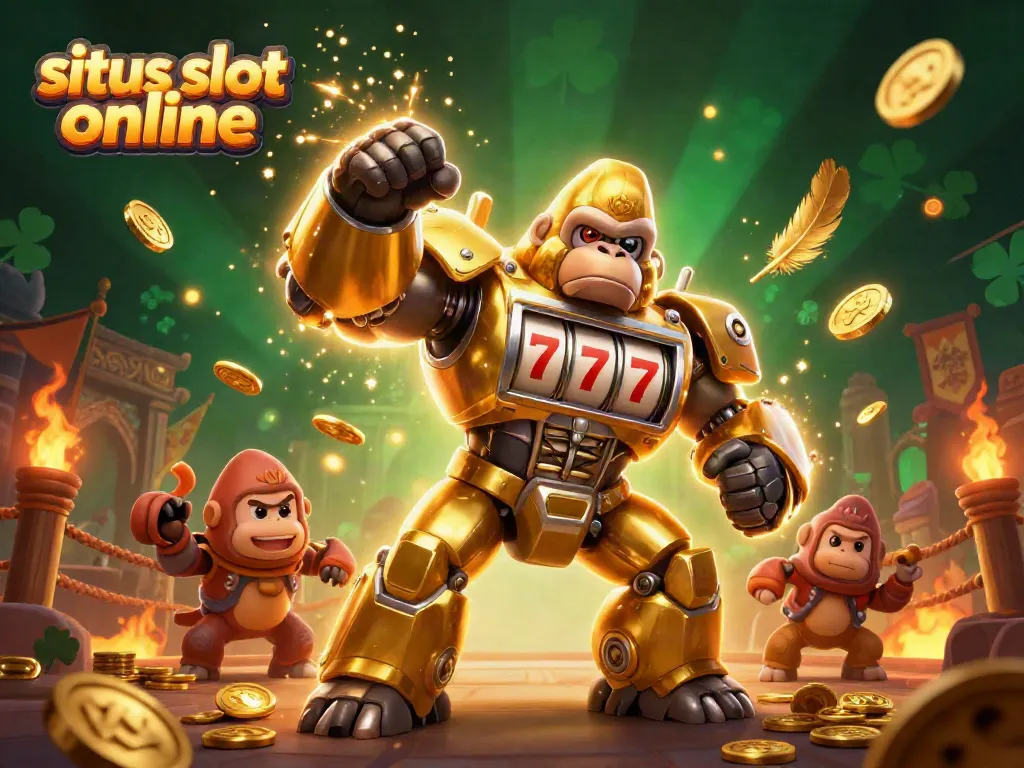 Menangkan permainan situs slot online dengan gorila emas dan mesin slot dalam ilustrasi 3D yang menakjubkan.