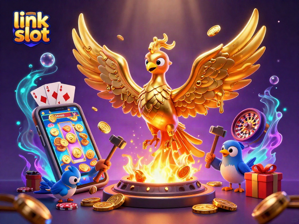 Experience the excitement of link slot gameplay as golden coins erupt from a smartphone!