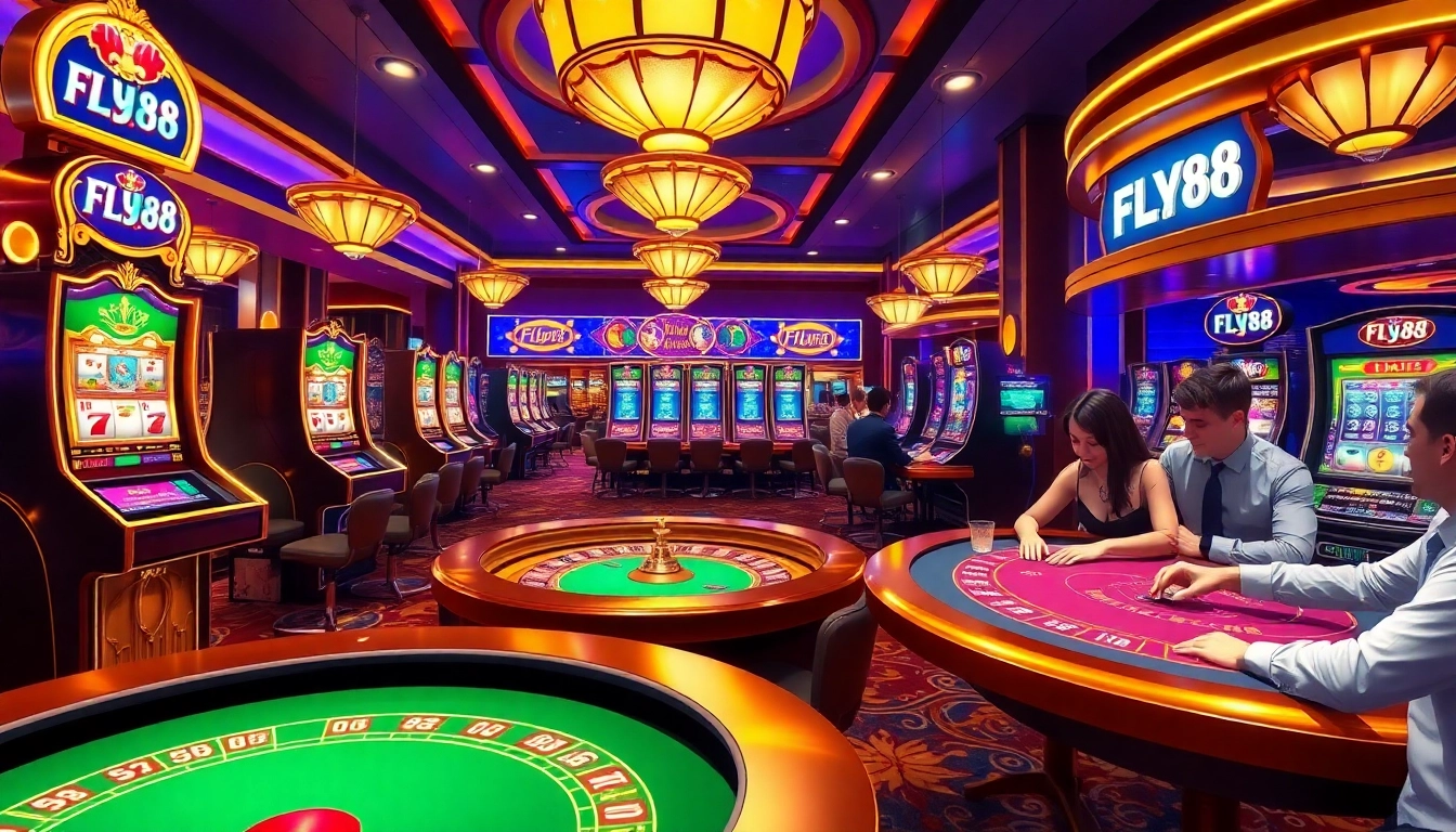 Players enjoy the thrilling atmosphere of FLY88-themed games at a luxurious casino.