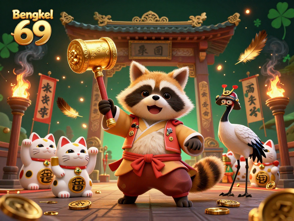 Bengkel 69 showcases a cheerful tanuki and a crane amidst vibrant casino elements, capturing the excitement of gaming.