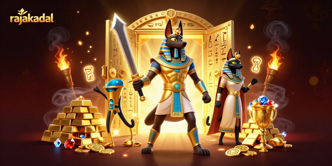 Berpartisipasi dalam permainan di RAJAKADAL dengan Anubis dan Bastet di lingkungan kasino yang menawan.