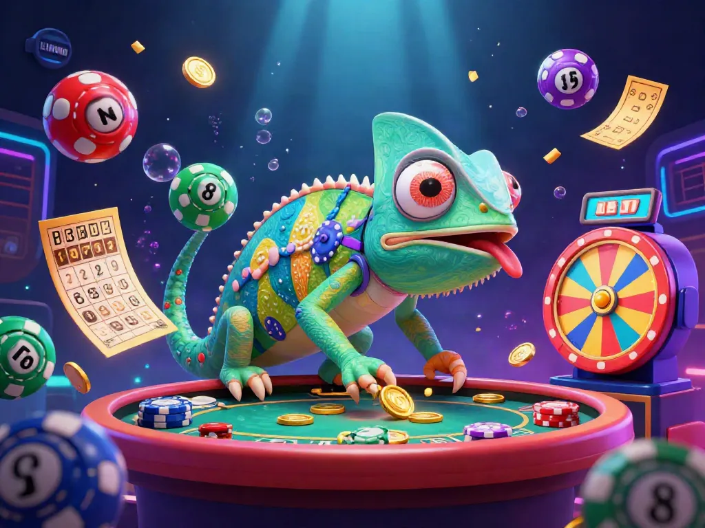 Experience thrilling gaming at LLWIN with this vibrant 3D casino scene filled with dynamic lottery elements.