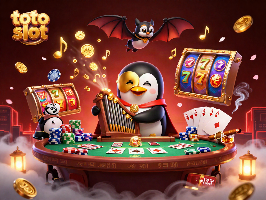 Engage in exciting toto slot adventures with a penguin playing golden tunes amidst casino icons.