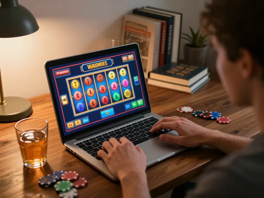 Pemain bermain aman788 slot gacor di laptop, gulungan slot berwarna-warni ditampilkan, menciptakan momen permainan yang dinamis.