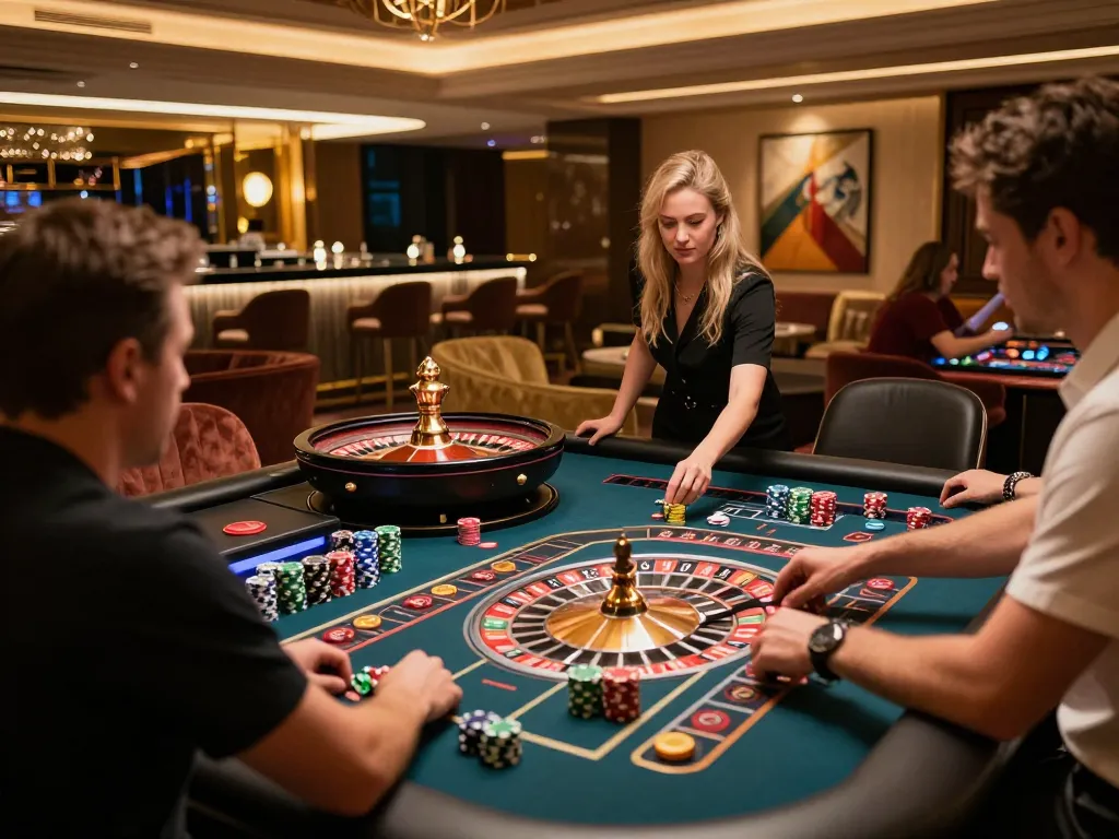 Pemain menikmati permainan roulette PG Soft di meja kasino yang mewah, chip berwarna cerah dan suasana yang elegan.
