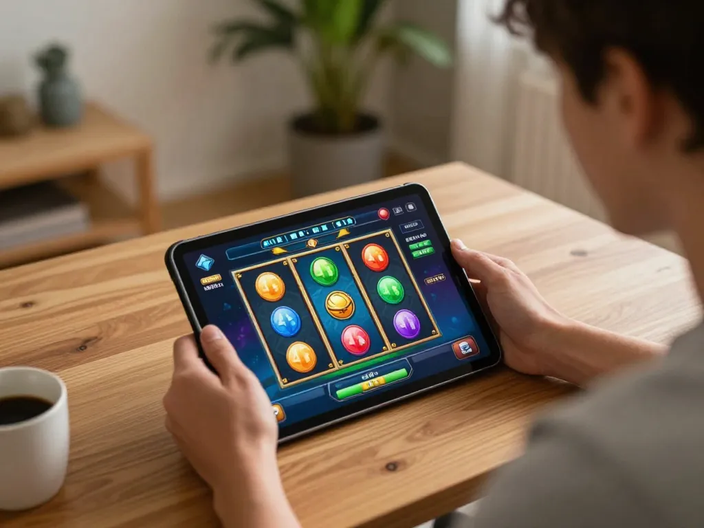 Player enjoying slot 4d gameplay on a tablet in a cozy home setting, highlighting vibrant graphics and relaxation.