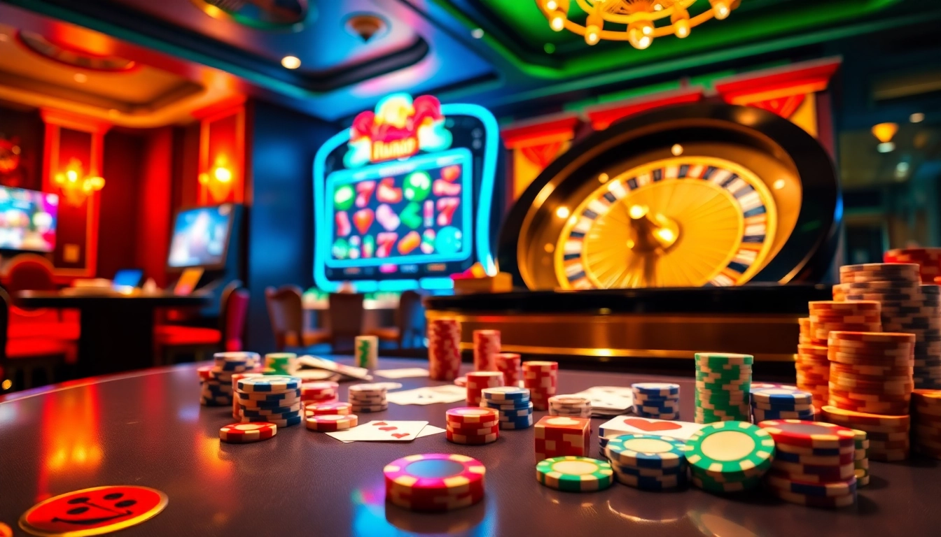 Engaging scene with vibrant poker chips and roulette wheel at mmoo giải trí online casino.