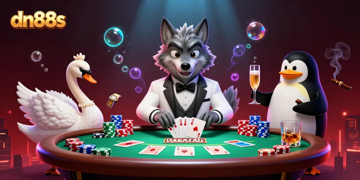 Engage in thrilling casino action with dn88s featuring a wolf, swan dealer, and penguin sommelier.