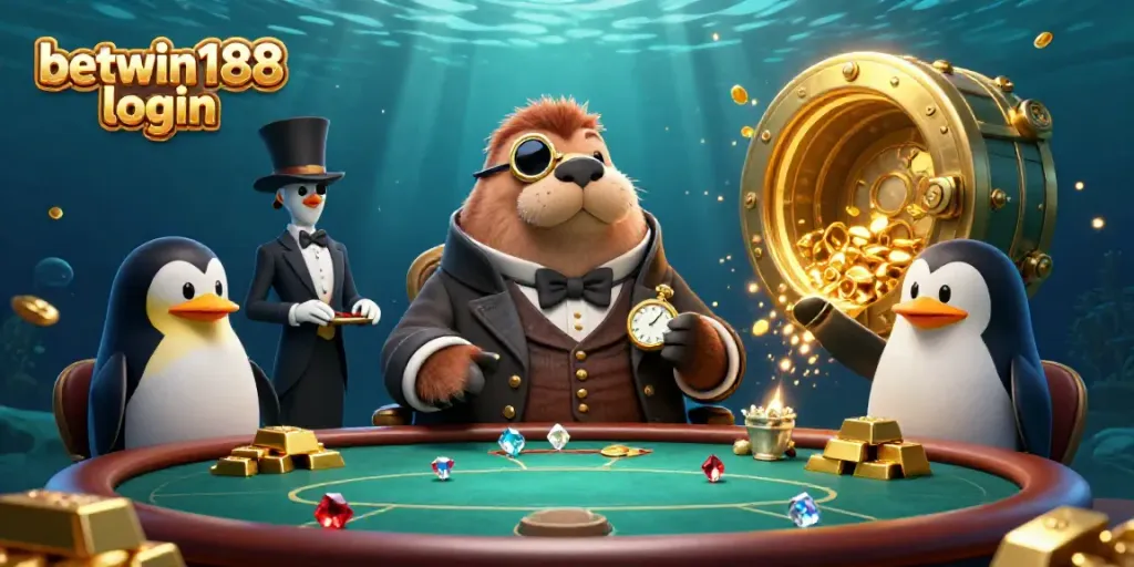 Akses cepat ke betwin188 login di ilustrasi kasino bawah laut yang menampilkan karakter unik.