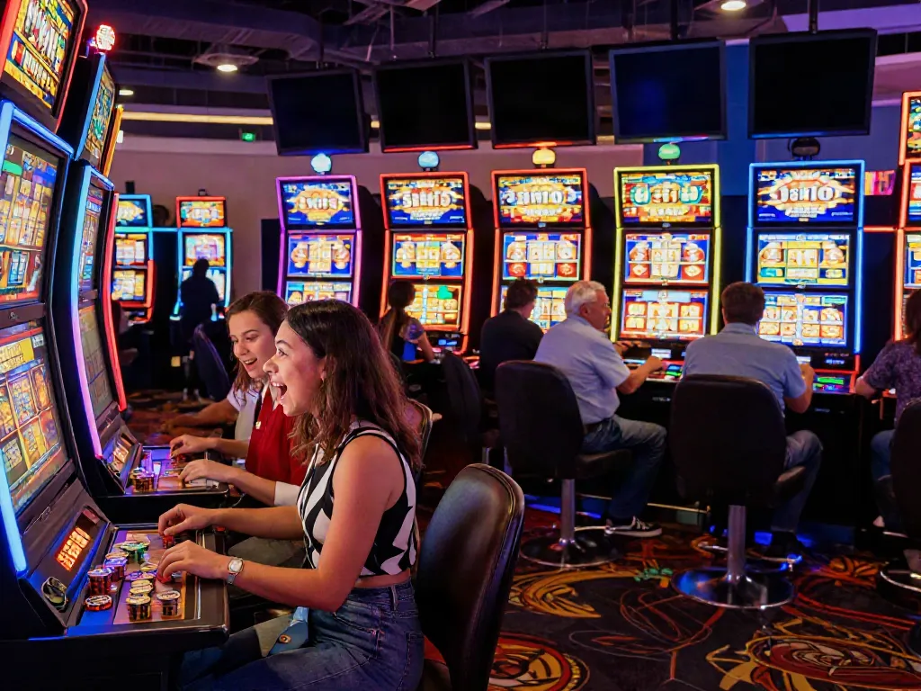 Engaged players experiencing the excitement of Lucky777 slot machines in a lively casino.