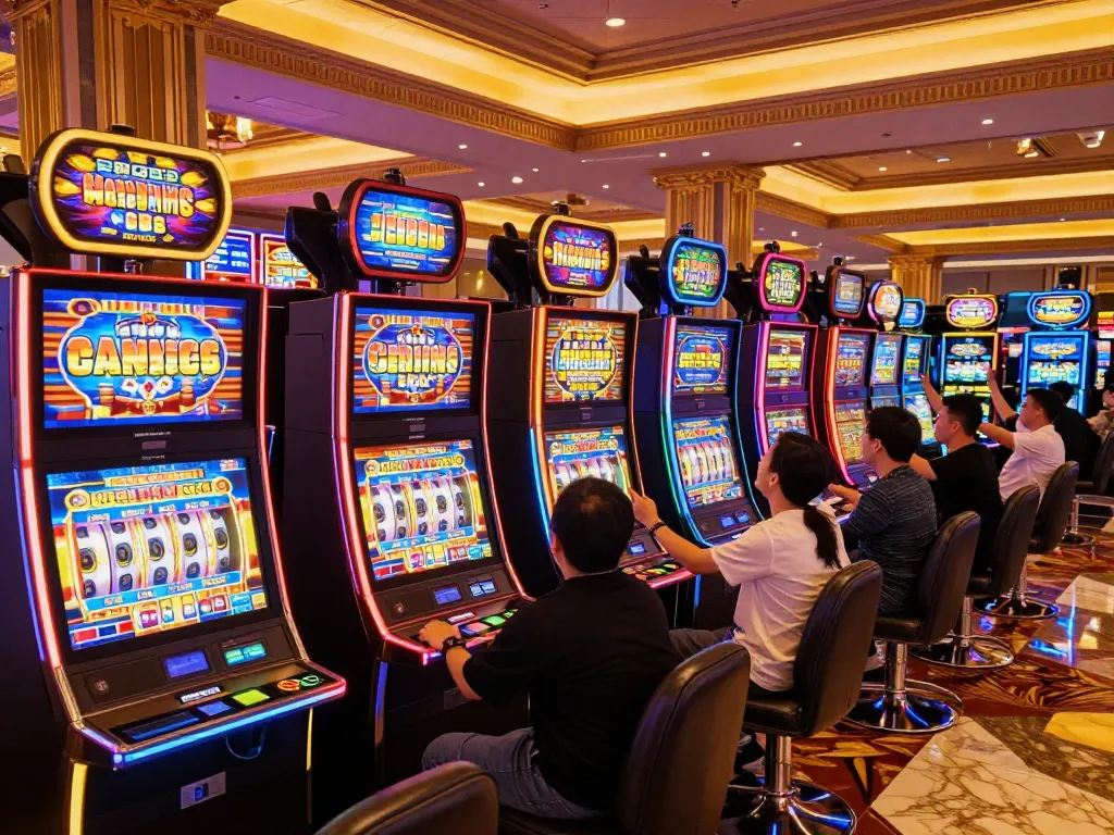 Players enjoying thrilling slot machine games at the 32win casino with vibrant visuals.