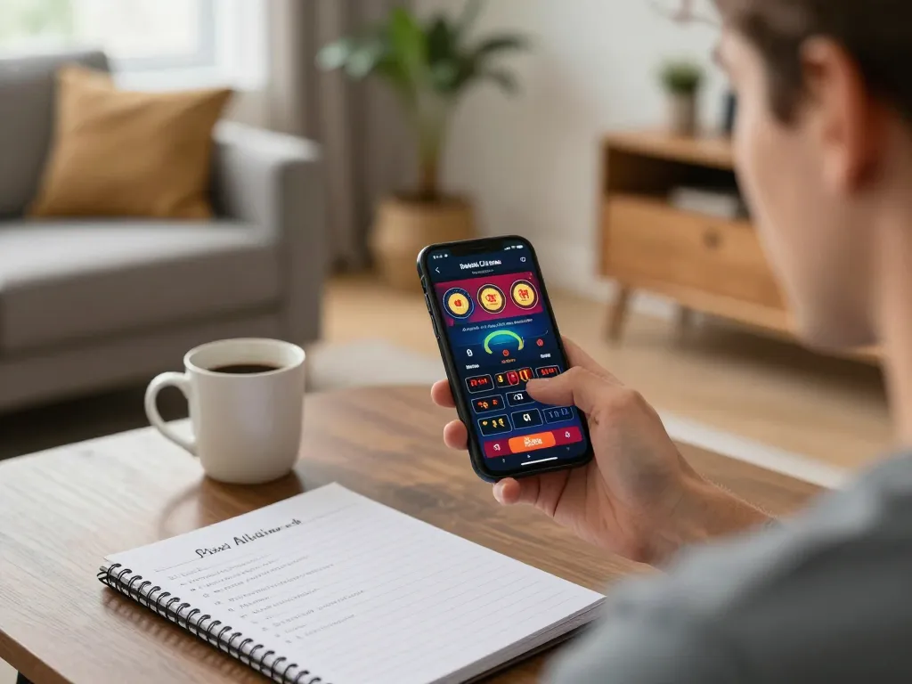 Engaging player analyzing betting options at Canadian online casinos on smartphone in cozy living room