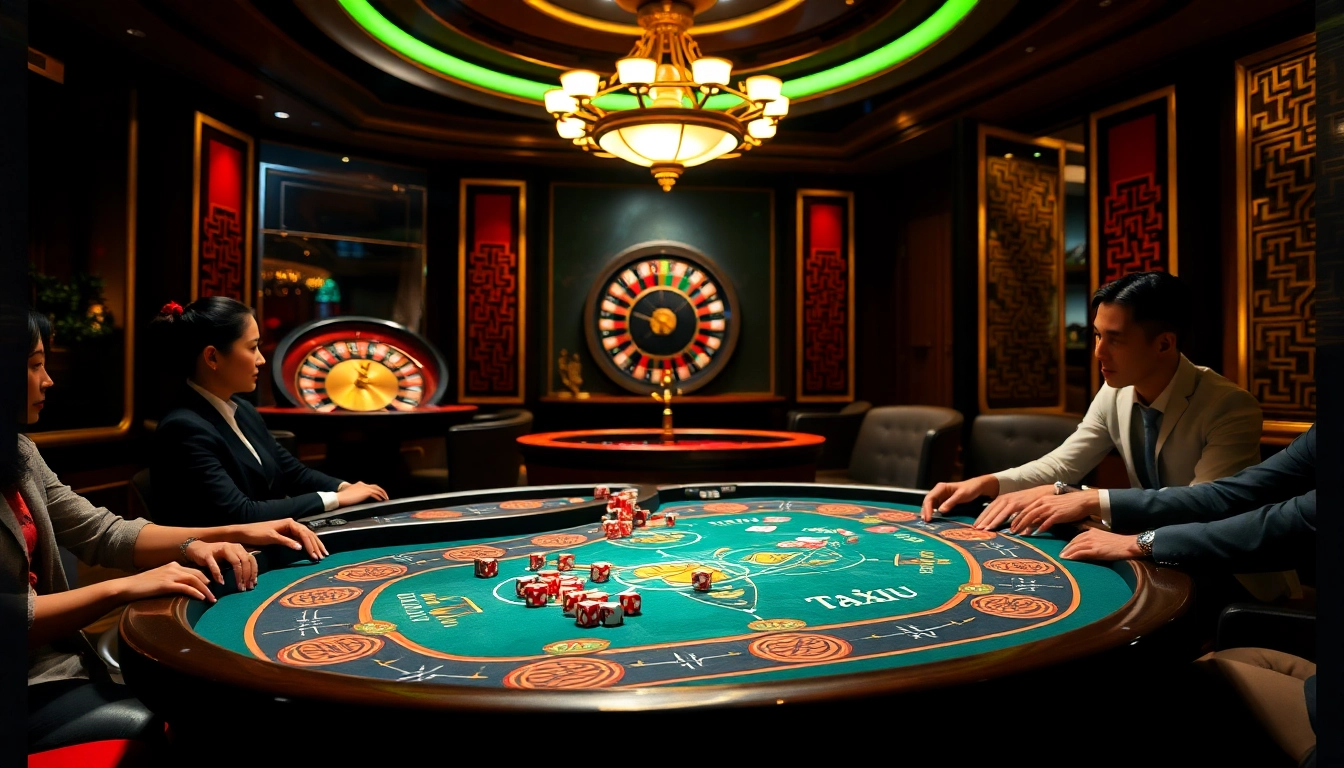 Taixiu players cheer as colorful dice tumble on a vibrant casino table.