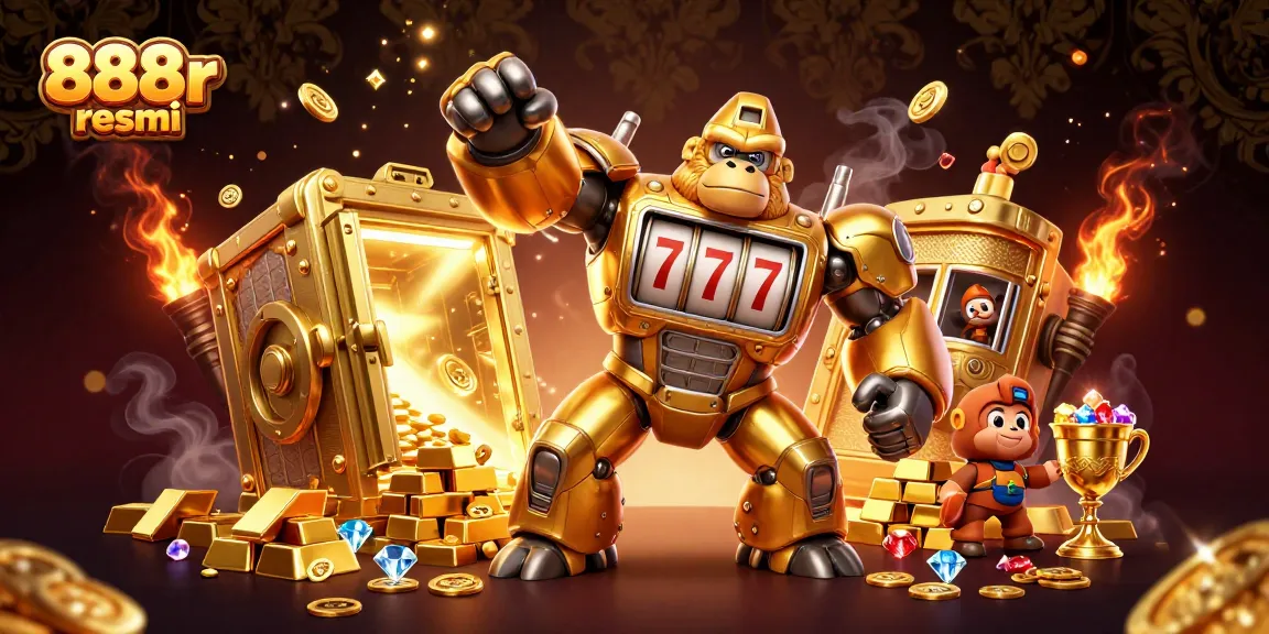 Experience thrilling wins with 888r resmi as the golden gorilla mech bursts through treasures in this action-packed casino scene.