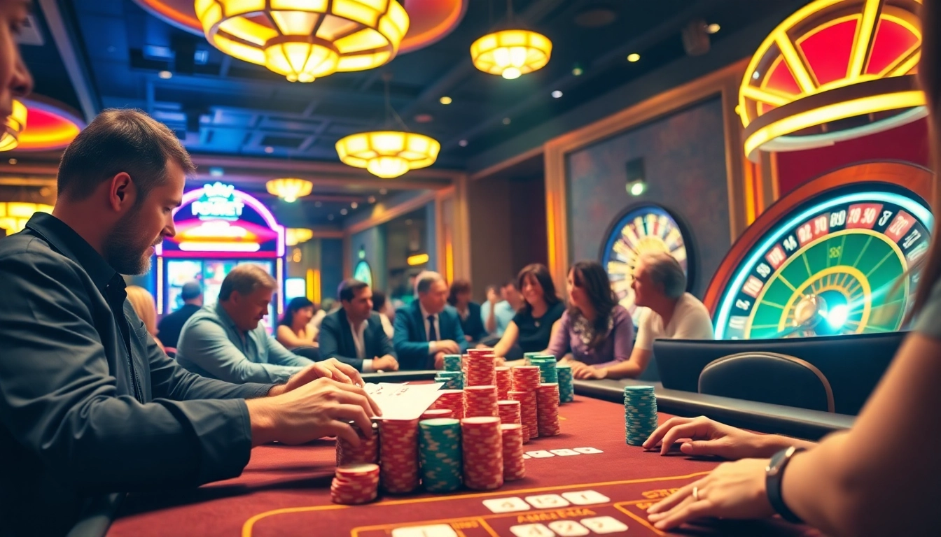 Players engaging at a PowerNet slot machine in a vibrant casino, showcasing excitement and luxury.