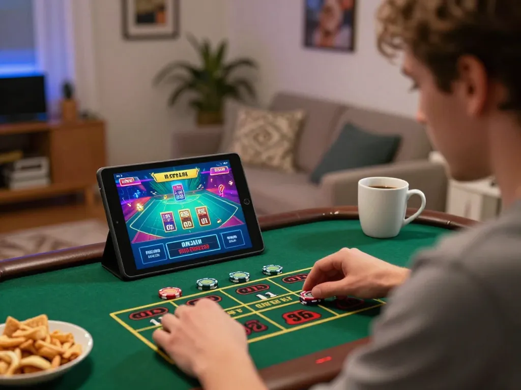 Experience intense gameplay with mm88 online casino on tablet, cozy home setting with vibrant game interface and relaxed atmosphere