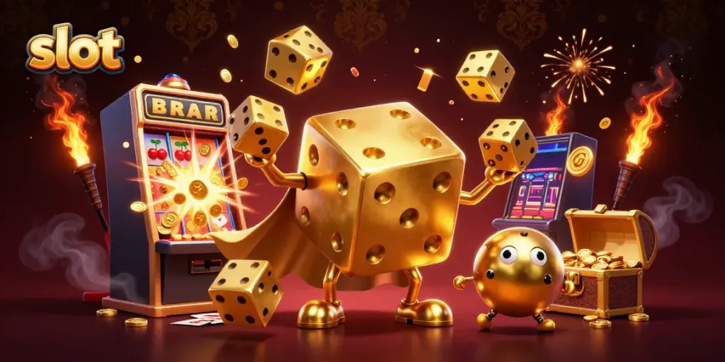Mesin slot bertema kasino dengan dadu emas yang berputar, jackpotnya penuh dengan koin, simbol BAR dan lucky 7, menampilkan keajaiban permainan slot.