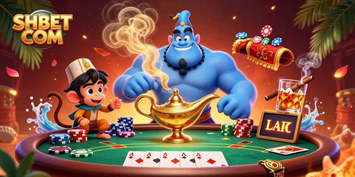Engage with SHBET COM's dynamic casino experience featuring a genie, monkey, and poker games.
