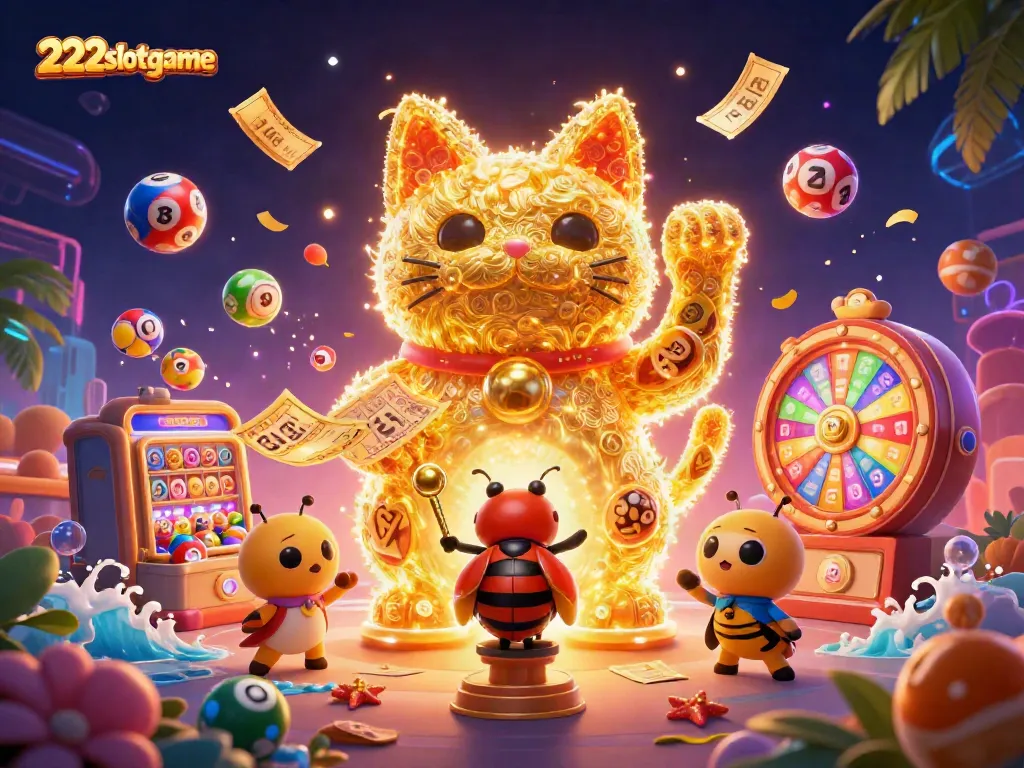 Menangkan keberuntungan slot dengan 222slotgame melalui ilustrasi yang menampilkan kucing lucky besar dan simbol kasino.