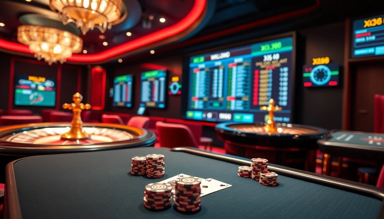 Experience thrilling gambling action at XX88's luxurious casino setup with poker chips and roulette.