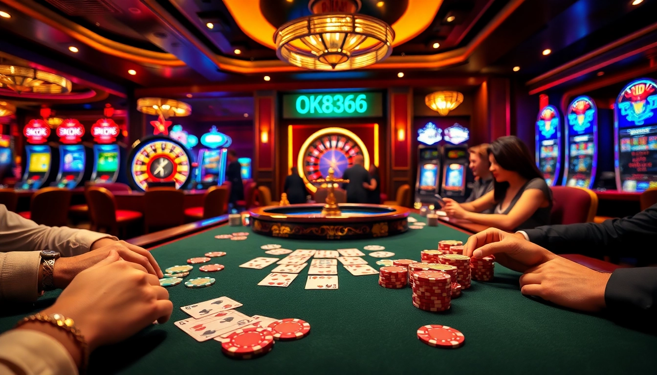 Excited players engaging at a poker table with vibrant visuals highlighting OK8386 casino elements.