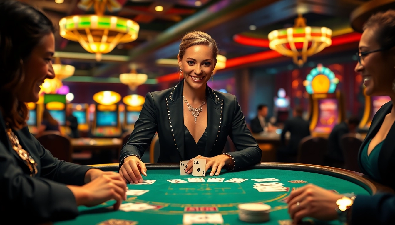 Engaging blackjack casino scene with dealer and players around the table, emphasizing excitement.