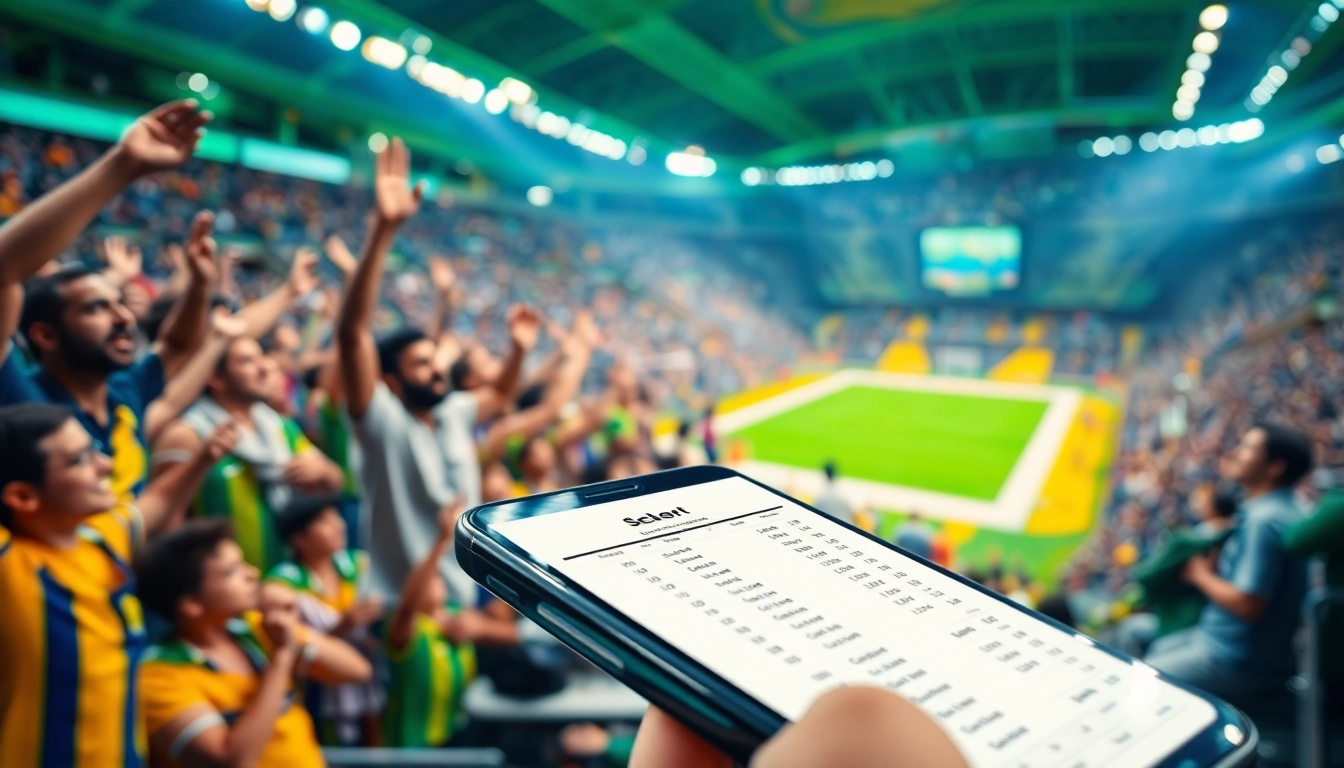 Engaging scene of Sports Betting with enthusiastic fans cheering and a betting slip in focus.