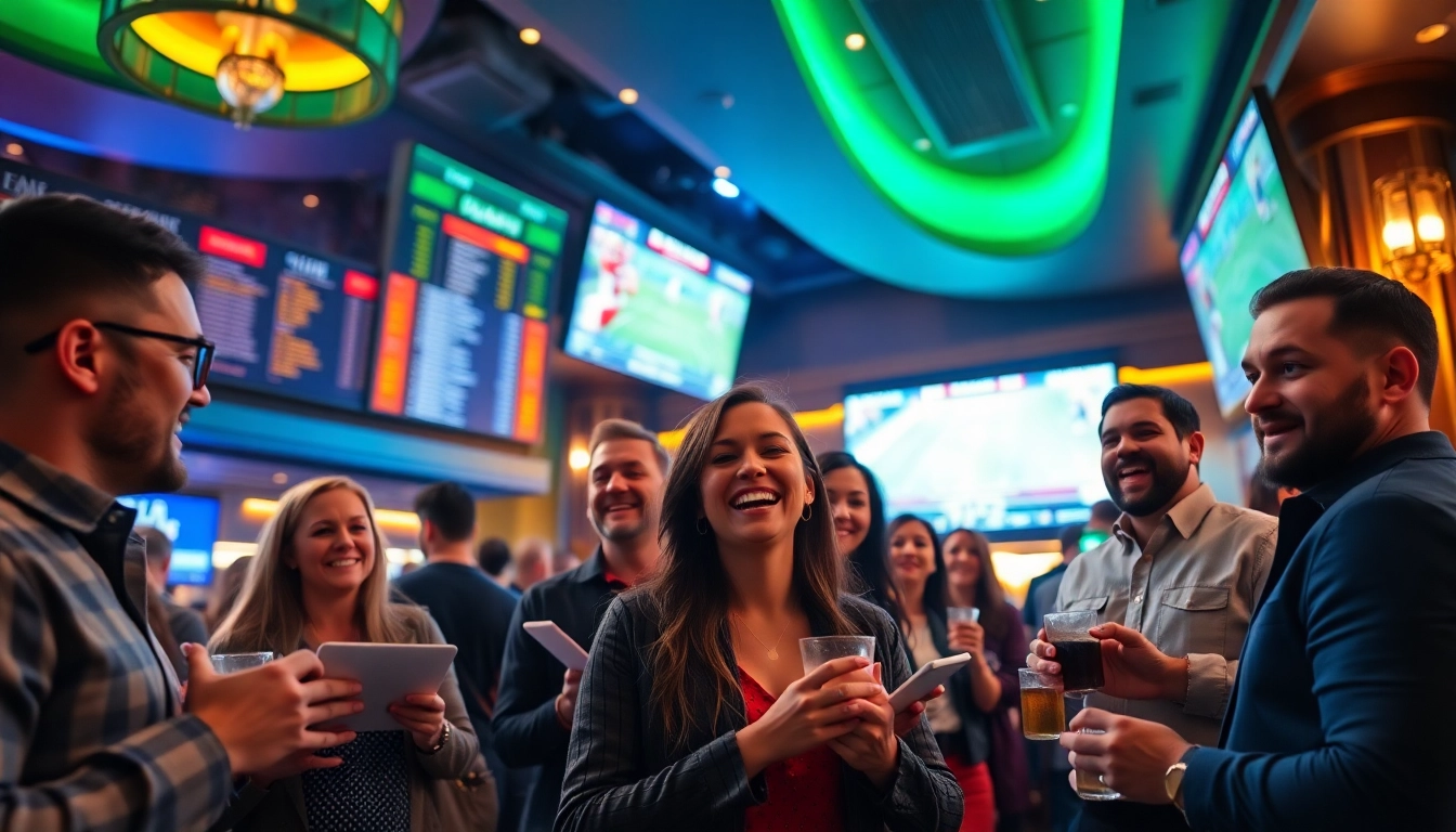 Engaged fans enjoying online Betting experience at a lively sportsbook setting.