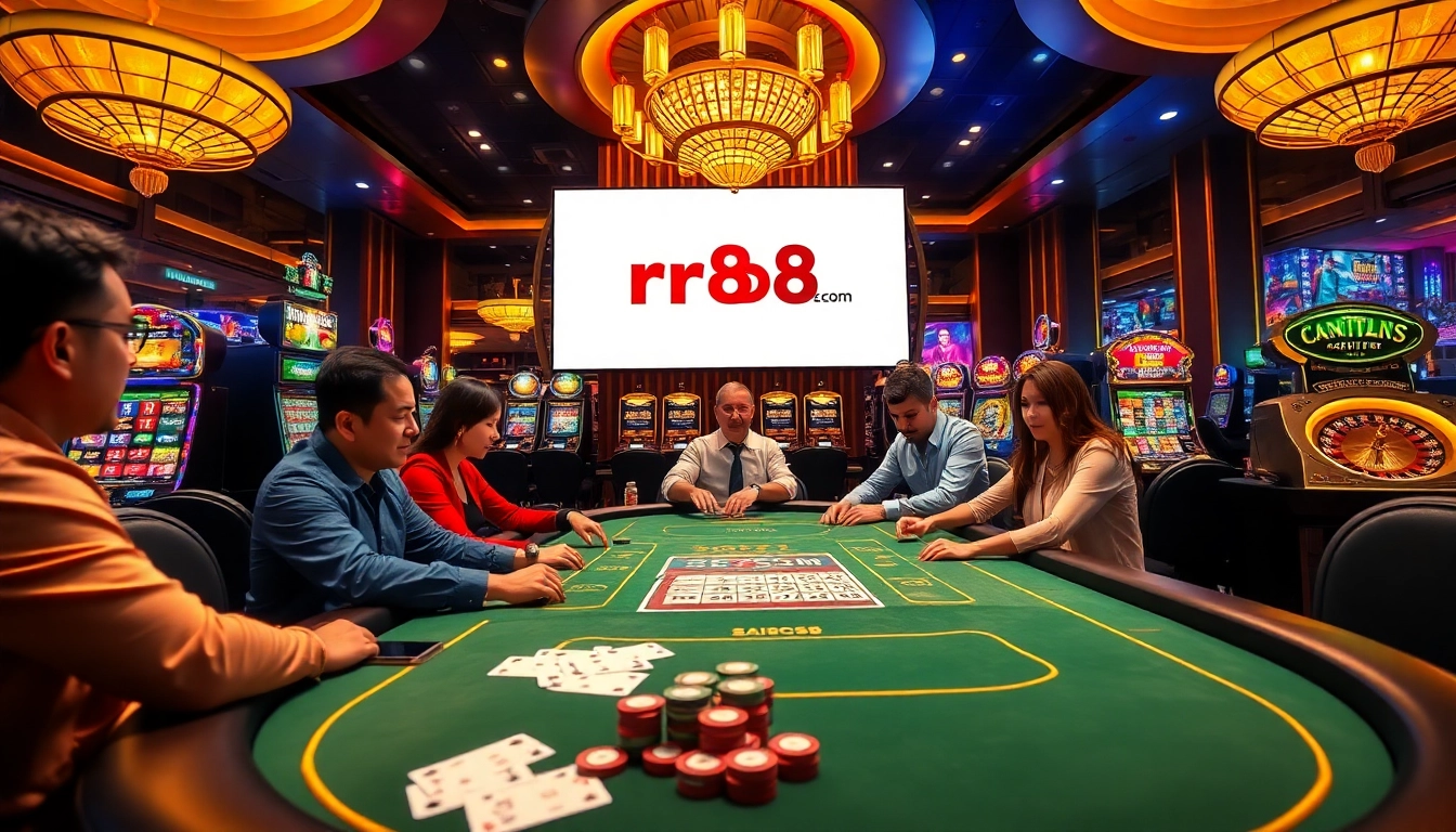 Experience the excitement of rr88ezcom at a luxurious casino with poker tables and vibrant slot machines.