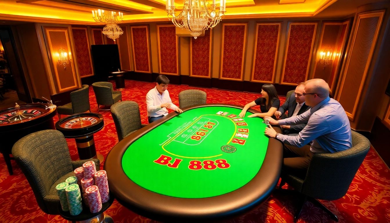 Experience the thrill of playing poker at BJ 888 with sophisticated gaming tables and vibrant atmosphere.