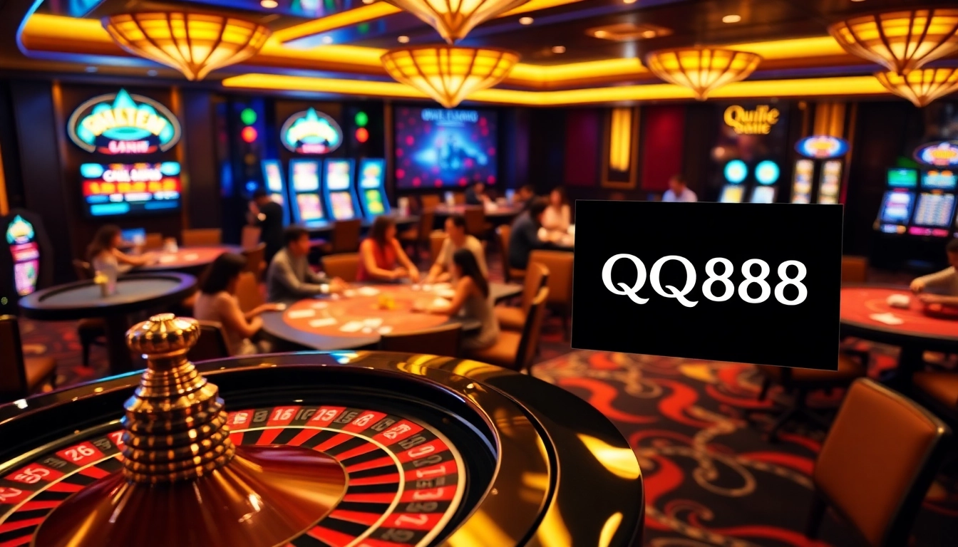 Experience the thrilling atmosphere of QQ888 with vibrant casino games and professional gamblers.