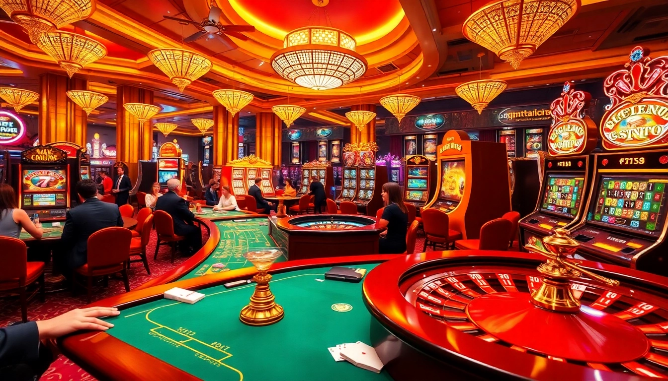 Exciting casino scene with players at tables and slot machines showcasing https://mm88.vegas/ thrilling gambling experience.