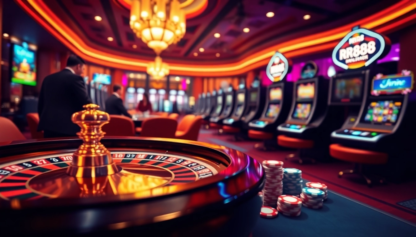 Experience thrilling gameplay at RR88 with vibrant casino visuals featuring roulette and poker chips.