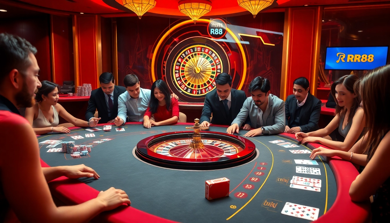 RR88 players eagerly strategizing at a luxurious casino table with vibrant lighting.