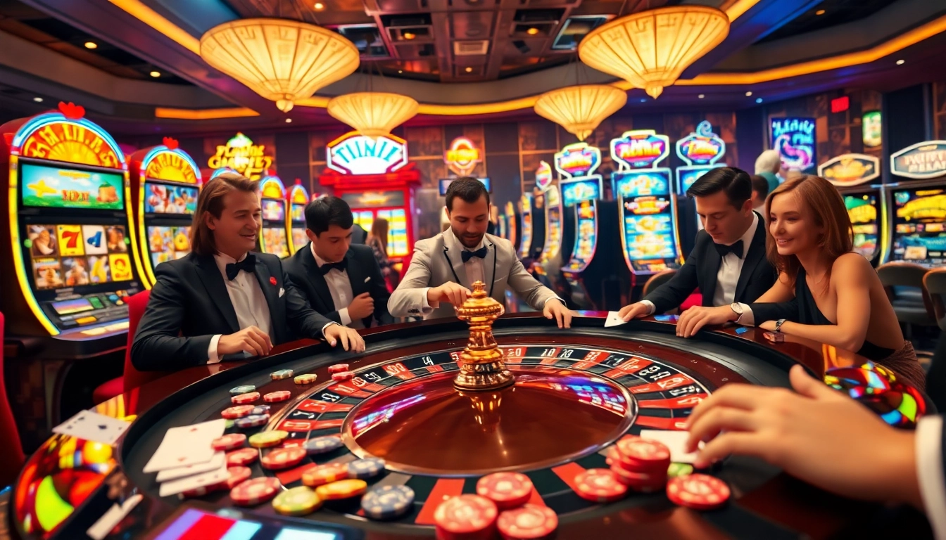 Players enjoying an exciting game night at NHÀ CÁI MM88 featuring vibrant roulette and slot machines.