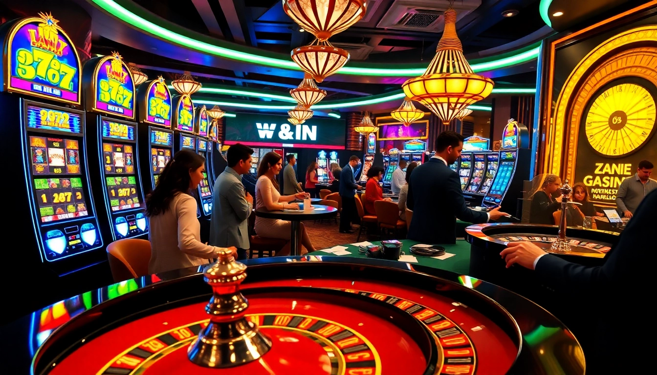 Experience the thrilling action at 789f nhà cái with lively players at slot machines and roulette tables.