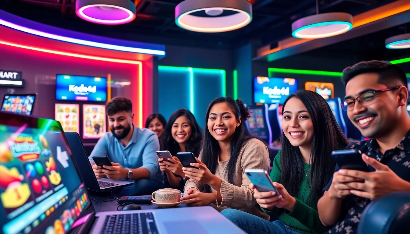 Exciting gaming session featuring Kode4d link with players enjoying slot games in a vibrant lounge.
